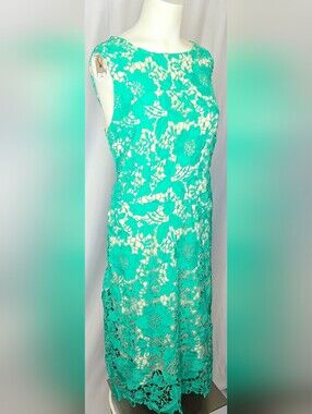 Trulli Green‎ Floral Guipure Lace Tailored Professional Sheath Dress 12 NWOT